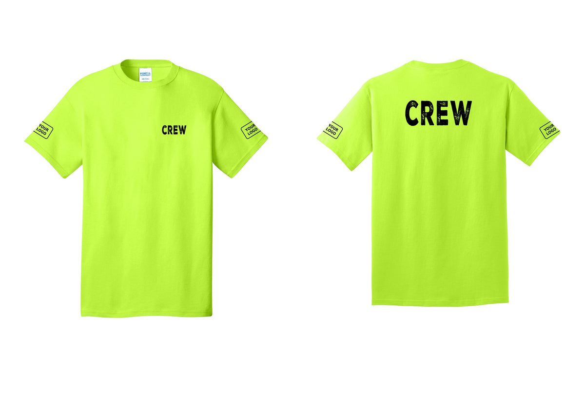 NYC Factory Custom Logo Crew T-Shirt, Rustic Lettering - Chest + Back + Your Logo Sleeves - Safety Green