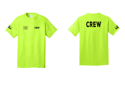NYC Factory Custom Work Crew Uniform Tee with Your Logo (Rustic) - CREW + Your Logo + Back + US Flag Sleeve - Safety Green