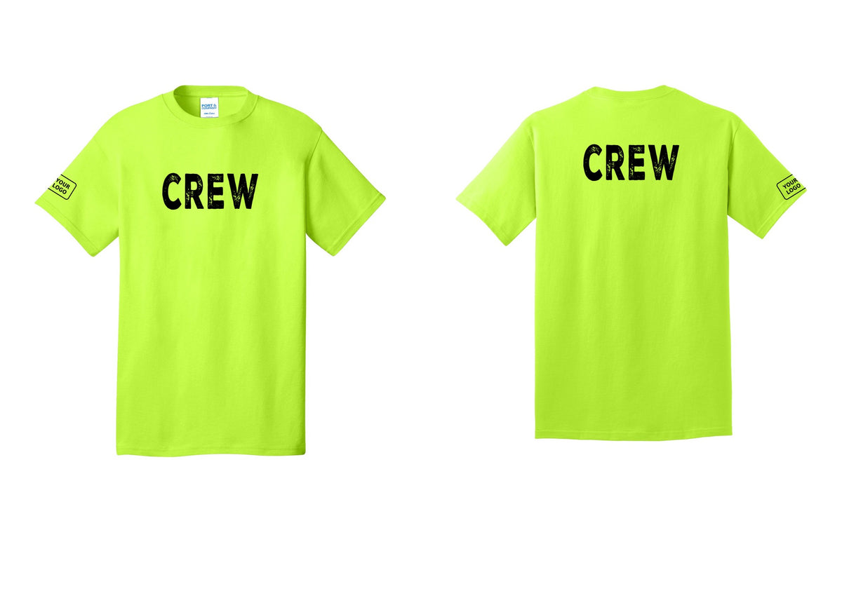 NYC Factory Custom Logo Crew T-Shirt, Rustic Lettering - Front + Back + Your Logo Sleeve - Safety Green