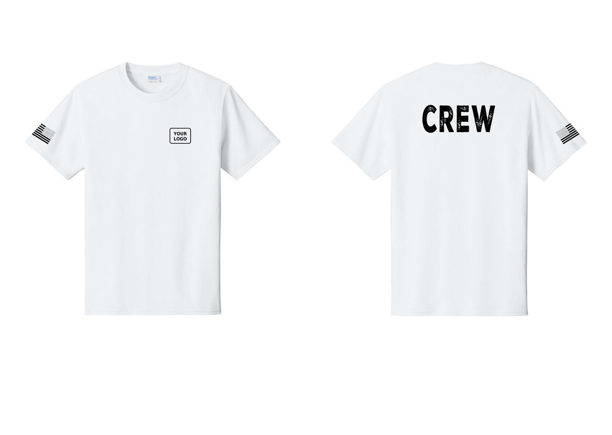 NYC Factory Custom Work Crew Uniform Tee with Your Logo (Rustic) - Your Logo + Back + US Flag Sleeve - White