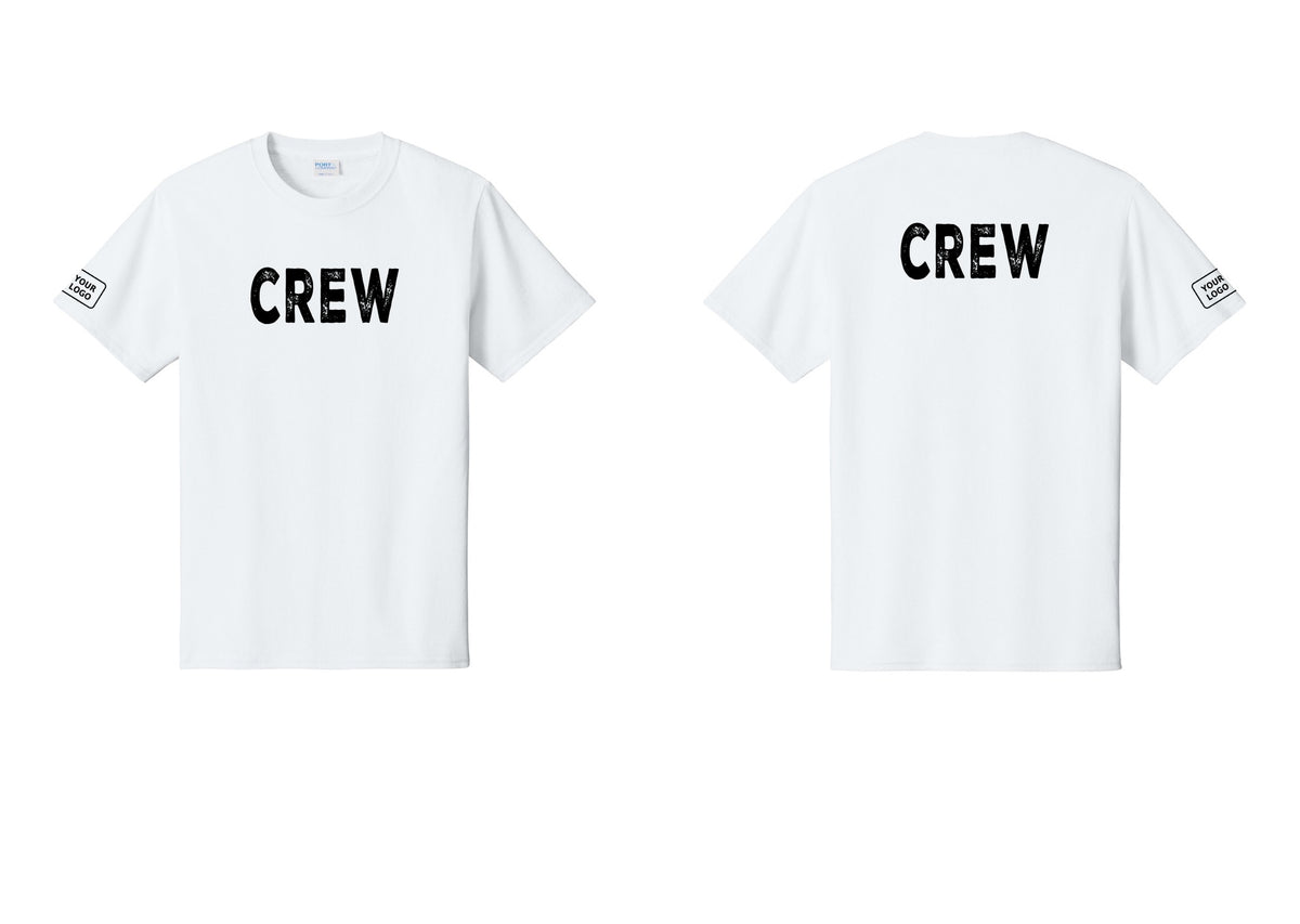 NYC Factory Custom Logo Crew T-Shirt, Rustic Lettering - Front + Back + Your Logo Sleeve - White