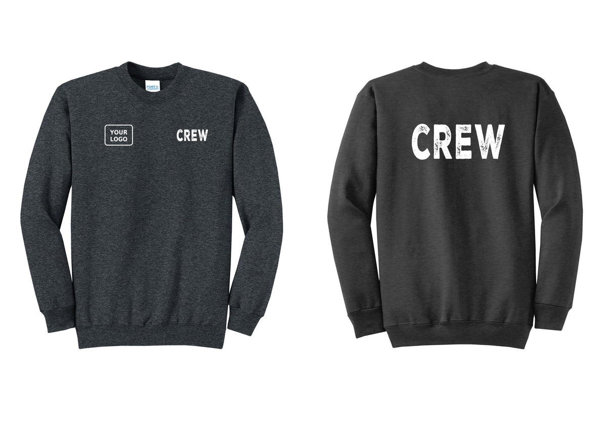 NYC Factory Custom Work Crew Uniform Cotton Fleece Crewneck Sweatshirt with Your Logo (Rustic) - CREW + Your Logo + Back - Dark Heather Grey