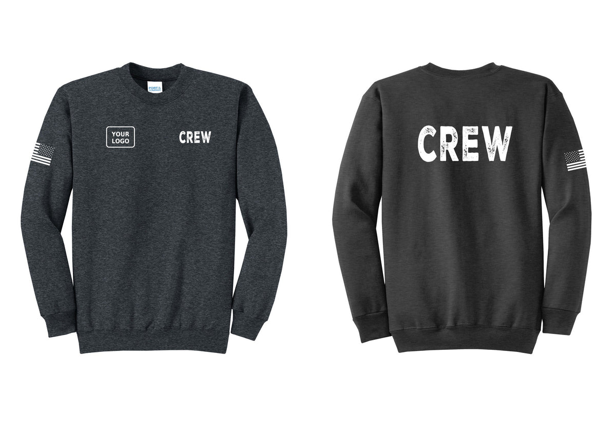 NYC Factory Custom Work Crew Uniform Cotton Fleece Crewneck Sweatshirt with Your Logo (Rustic) - CREW + Your Logo + Back + US Flag Sleeve - Dark Heather Grey