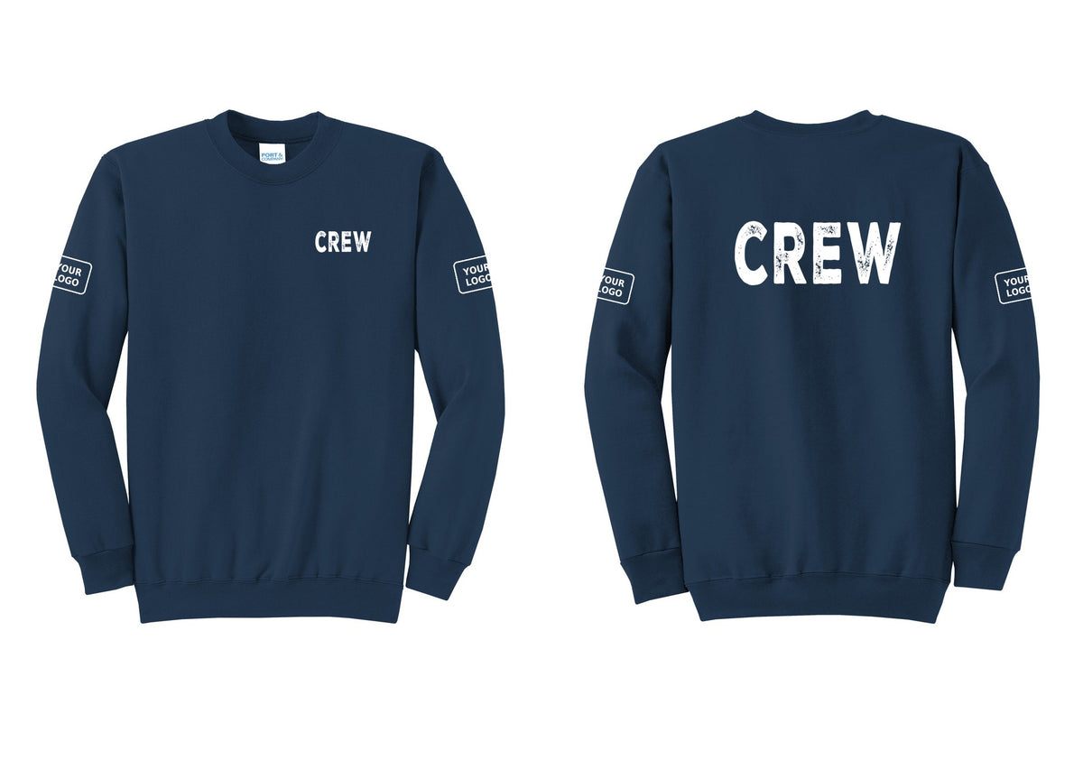 NYC Factory Custom Work Crew Uniform Cotton Fleece Crewneck Sweatshirt with Your Logo (Rustic) - Chest + Back + Your Logo Sleeves - Navy