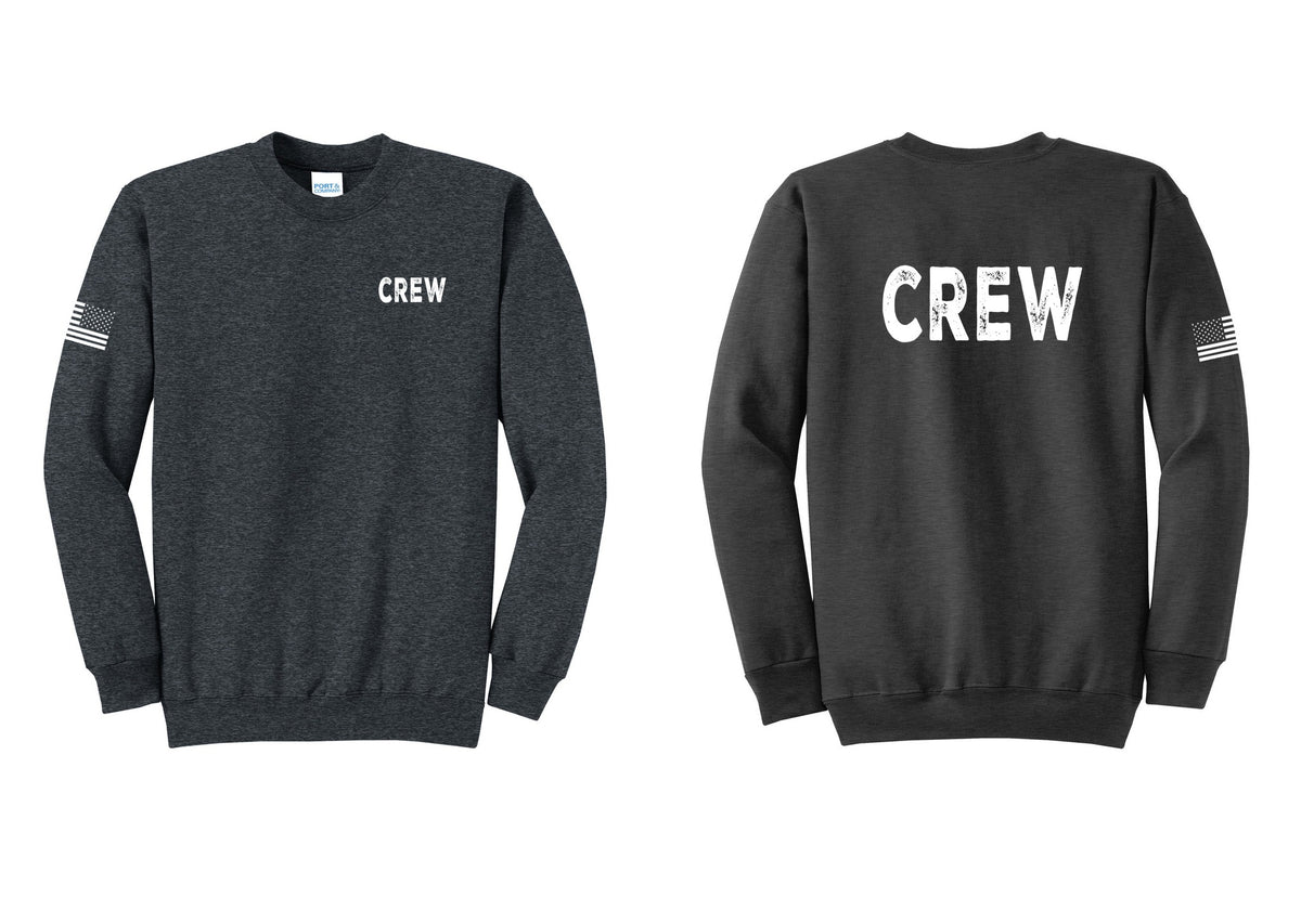 NYC Factory Crew Cotton Fleece Crewneck Sweatshirt for Event Staff & Production Teams (Rustic) - Chest + Back + US Flag Sleeve - Dark Heather Grey