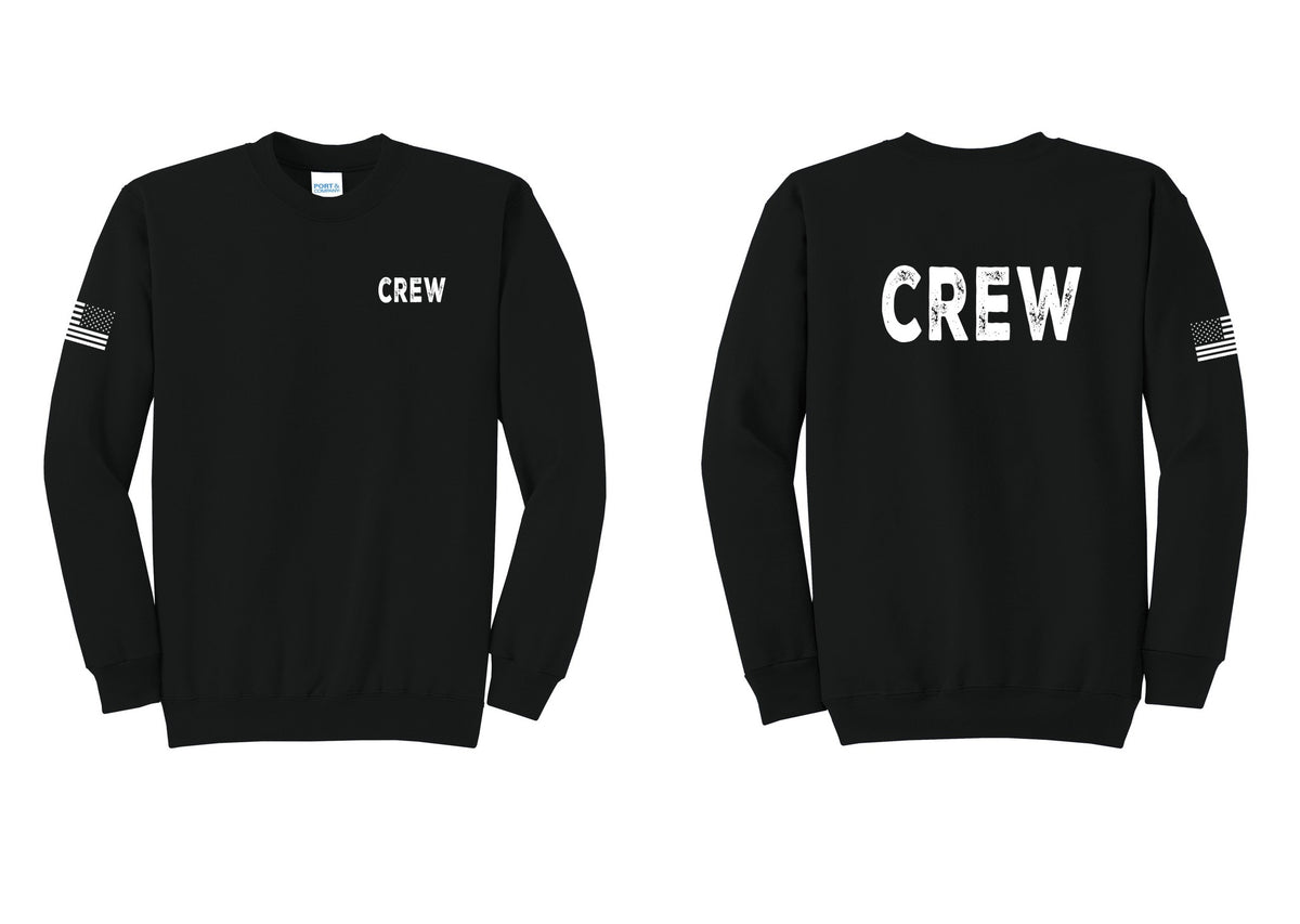NYC Factory Crew Cotton Fleece Crewneck Sweatshirt for Event Staff & Production Teams (Rustic) - Chest + Back + US Flag Sleeve - Black