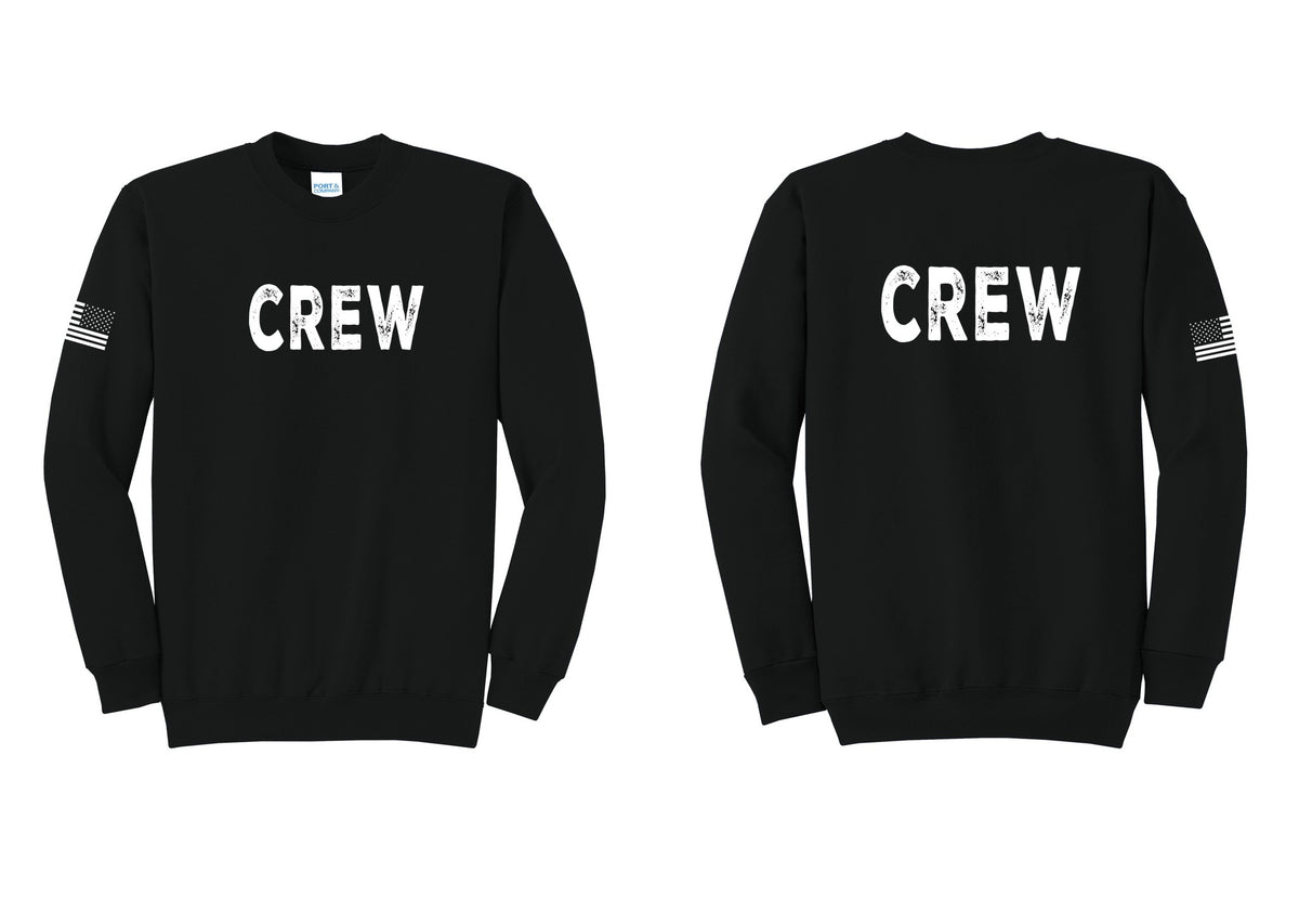 NYC Factory Crew Cotton Fleece Crewneck Sweatshirt for Event Staff & Production Teams (Rustic) - Front + Back + US Flag Sleeve - Black