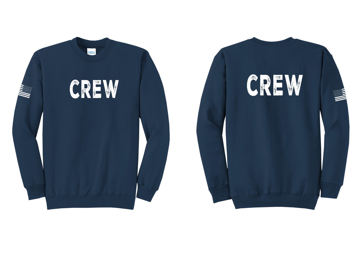 NYC Factory Crew Cotton Fleece Crewneck Sweatshirt for Event Staff & Production Teams (Rustic) - Front + Back + US Flag Sleeve - Navy