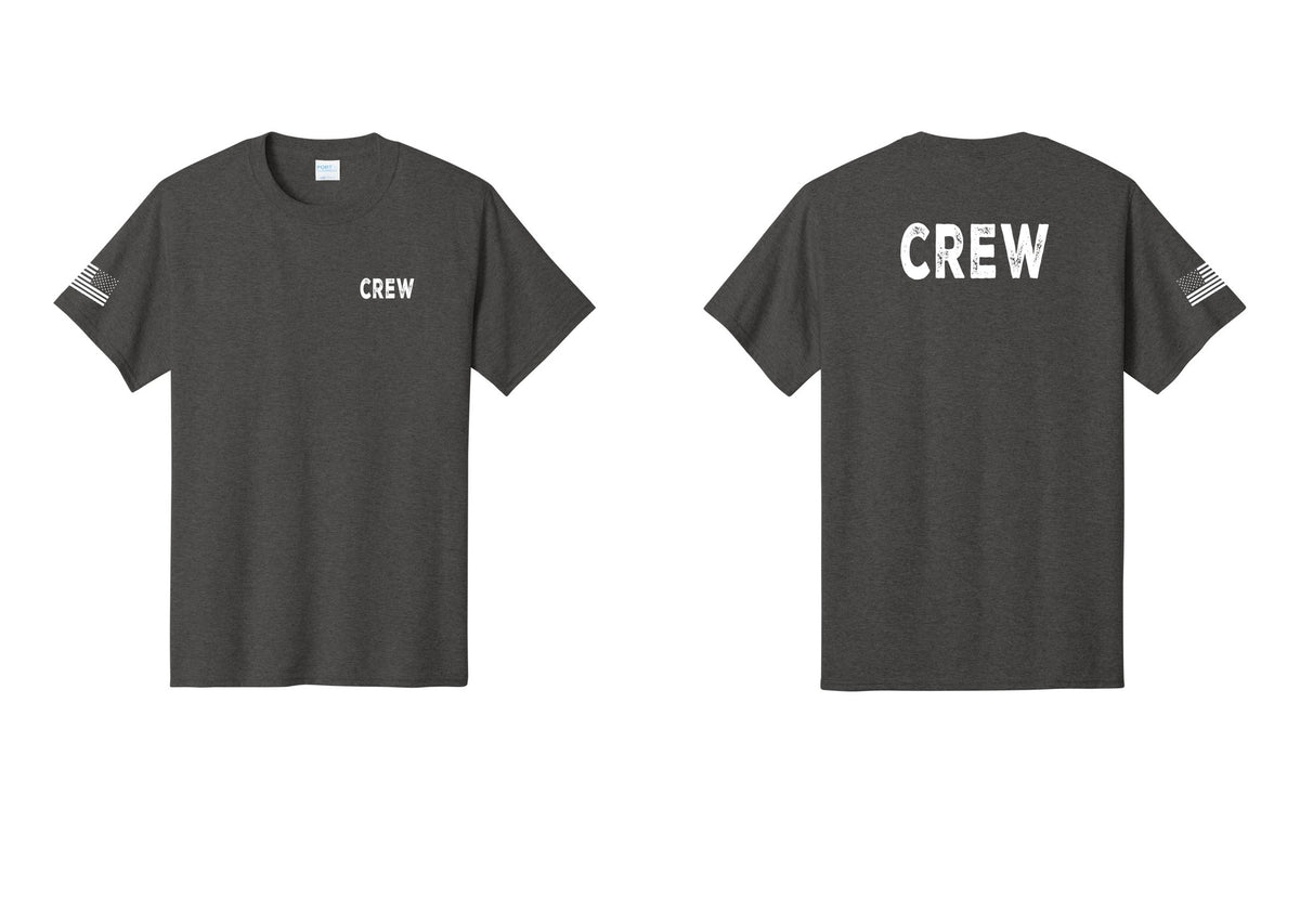 NYC Factory Crew T-Shirt, Rustic Lettering - Chest + Back + US Flag Sleeve - Dark Heather Grey