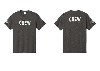 NYC Factory Crew T-Shirt, Rustic Lettering - Front + Back + US Flag Sleeve - Dark Heather Grey