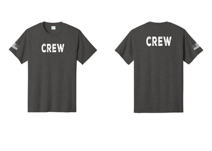 NYC Factory Crew T-Shirt for Event Staff & Production Teams (Rustic) - Front + Back + US Flag Sleeve - Dark Heather Grey