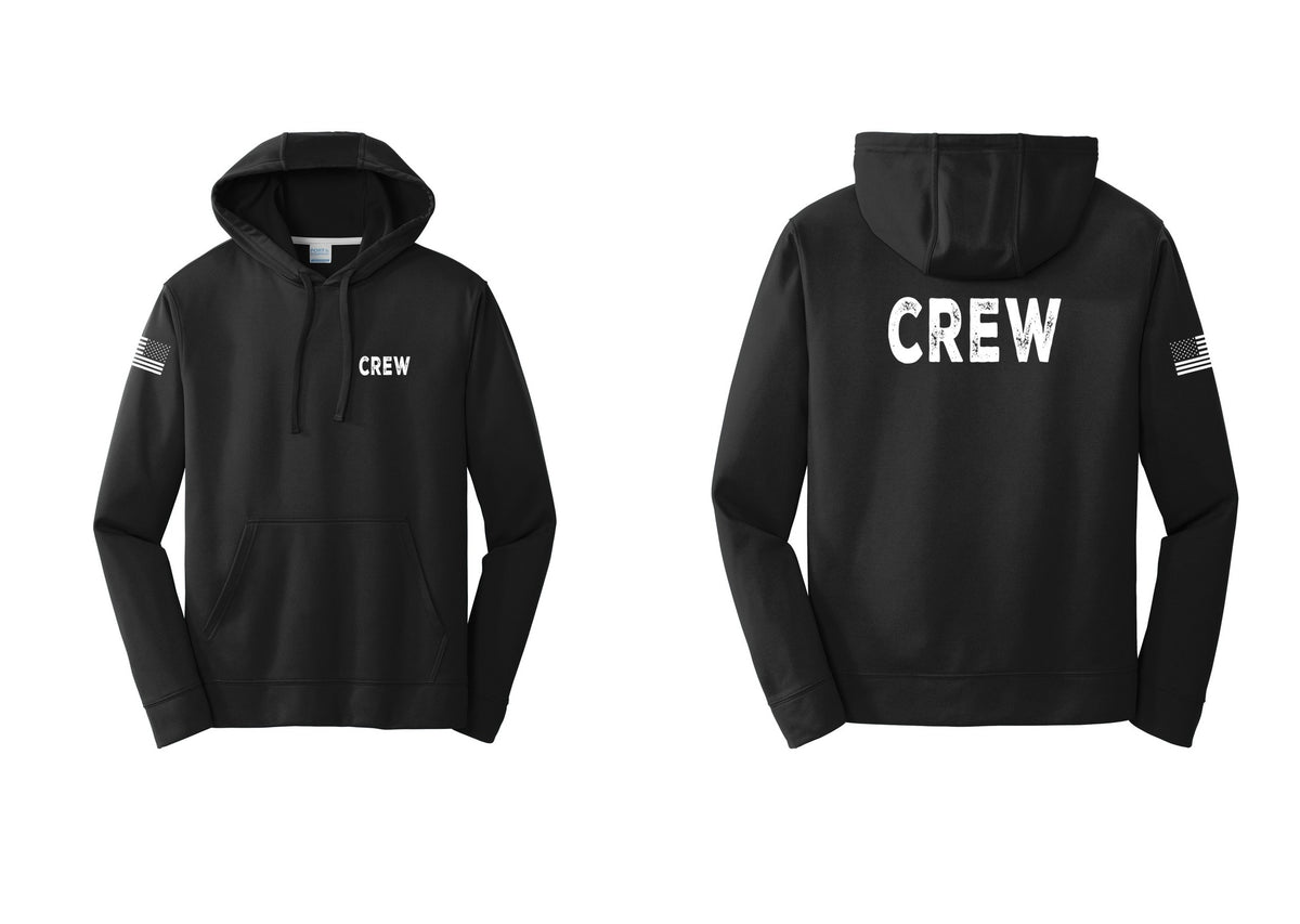 NYC Factory Crew Performance Hooded Fleece Pullover Sweatshirt for Event Staff & Production Teams (Rustic) - Chest + Back + US Flag Sleeve - Black