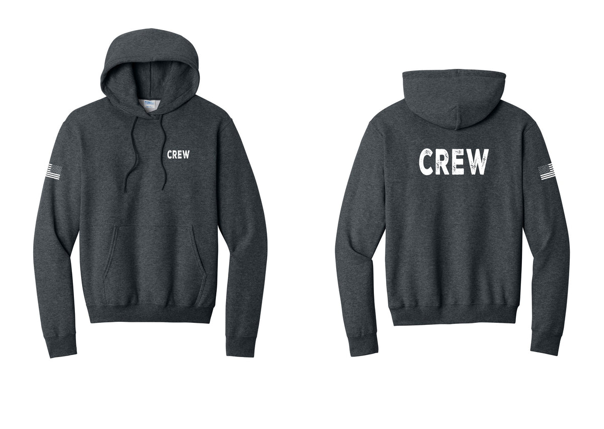 NYC Factory Crew Cotton Fleece Pullover Hoodie for Event Staff & Production Teams (Rustic) - Chest + Back + US Flag Sleeve - Dark Heather Grey