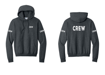 NYC Factory Crew Cotton Fleece Pullover Hoodie for Event Staff & Production Teams (Rustic) - Chest + Back + Crew Sleeves - Dark Heather Grey