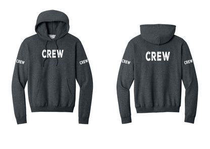 NYC Factory Crew Cotton Fleece Pullover Hoodie for Event Staff & Production Teams (Rustic) - Front + Back + Crew Sleeves - Dark Heather Grey