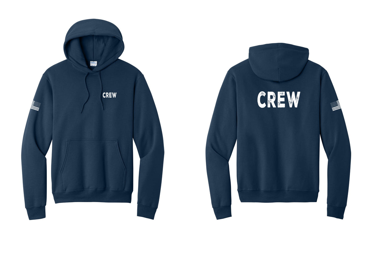 NYC Factory Crew Cotton Fleece Pullover Hoodie for Event Staff & Production Teams (Rustic) - Chest + Back + US Flag Sleeve - Navy