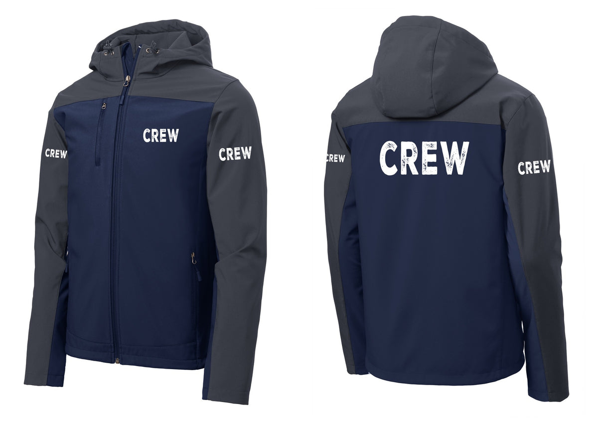 NYC Factory Crew Hooded Soft Shell Jacket for Event Staff & Production Teams (Rustic) - Chest + Back + Crew Sleeves - Dress Blue Navy / Battleship Grey