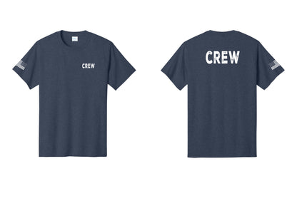 NYC Factory Crew T-Shirt, Rustic Lettering - Chest + Back + US Flag Sleeve - Heather Navy