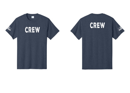 NYC Factory Crew T-Shirt, Rustic Lettering - Front + Back + US Flag Sleeve - Heather Navy