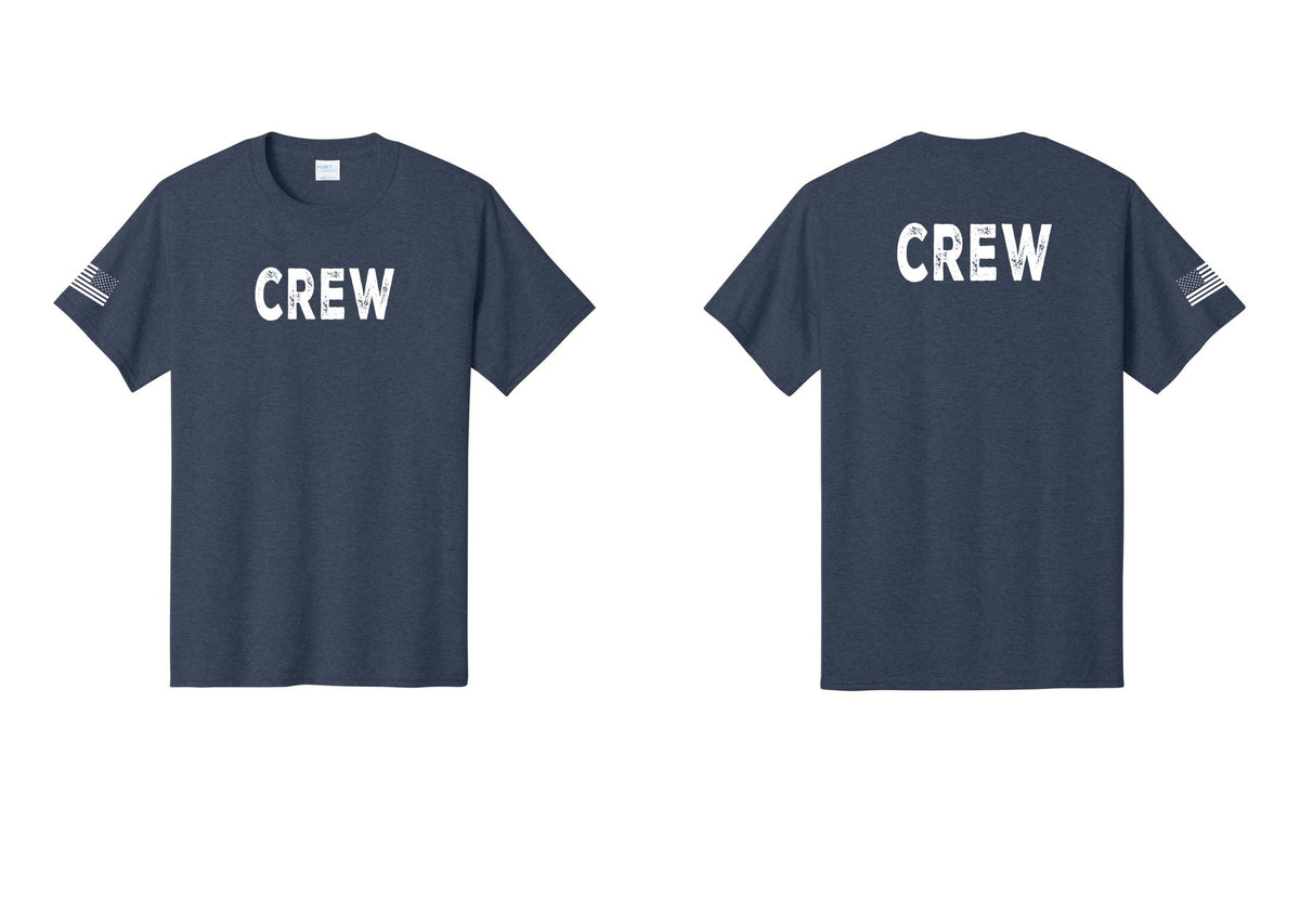 NYC Factory Crew T-Shirt for Event Staff & Production Teams (Rustic) - Front + Back + US Flag Sleeve - Heather Navy