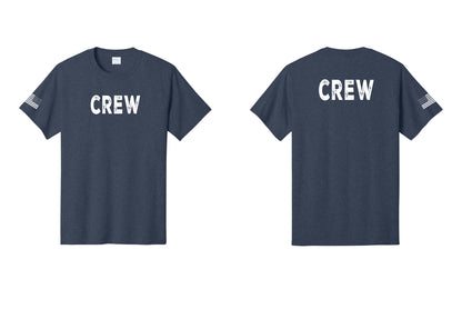 NYC Factory Crew T-Shirt for Event Staff & Production Teams (Rustic) - Front + Back + US Flag Sleeve - Heather Navy