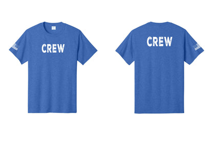 NYC Factory Crew T-Shirt for Event Staff & Production Teams (Rustic) - Front + Back + US Flag Sleeve - Heather Royal