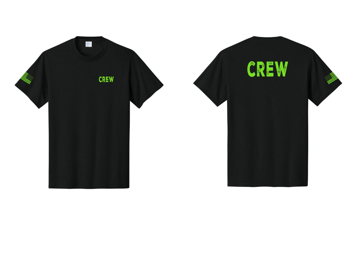 NYC Factory Crew T-Shirt, Rustic Lettering - Chest + Back + US Flag Sleeve - Black / Neon
