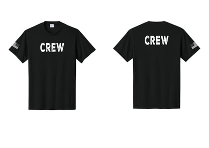 NYC Factory Crew T-Shirt, Rustic Lettering - Front + Back + US Flag Sleeve - Black
