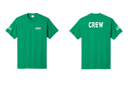 NYC Factory Crew T-Shirt, Rustic Lettering - Chest + Back + US Flag Sleeve - Kelly