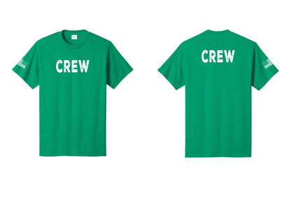 NYC Factory Crew T-Shirt, Rustic Lettering - Front + Back + US Flag Sleeve - Kelly