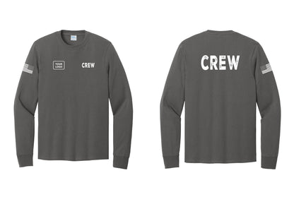 NYC Factory Custom Work Crew Uniform Cotton Long Sleeve Tee with Your Logo (Rustic) - CREW + Your Logo + Back + US Flag Sleeve - Charcoal
