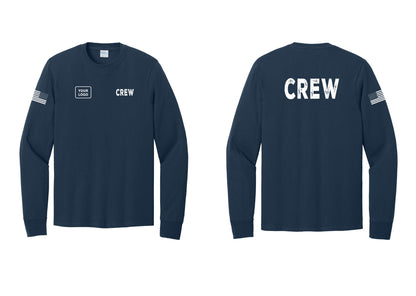 NYC Factory Custom Work Crew Uniform Cotton Long Sleeve Tee with Your Logo (Rustic) - CREW + Your Logo + Back + US Flag Sleeve - Navy