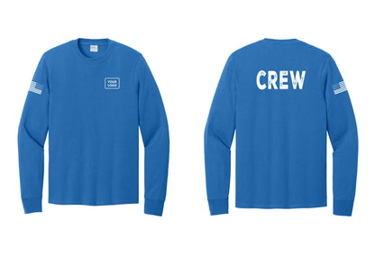 NYC Factory Custom Work Crew Uniform Cotton Long Sleeve Tee with Your Logo (Rustic) - Your Logo + Back + US Flag Sleeve - Royal