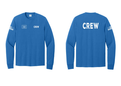 NYC Factory Custom Work Crew Uniform Cotton Long Sleeve Tee with Your Logo (Rustic) - CREW + Your Logo + Back + US Flag Sleeve - Royal