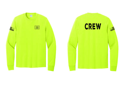 NYC Factory Custom Work Crew Uniform Cotton Long Sleeve Tee with Your Logo (Rustic) - Your Logo + Back + US Flag Sleeve - Safety Green