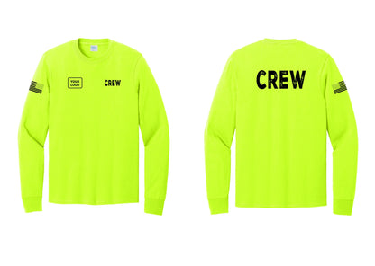 NYC Factory Custom Work Crew Uniform Cotton Long Sleeve Tee with Your Logo (Rustic) - CREW + Your Logo + Back + US Flag Sleeve - Safety Green