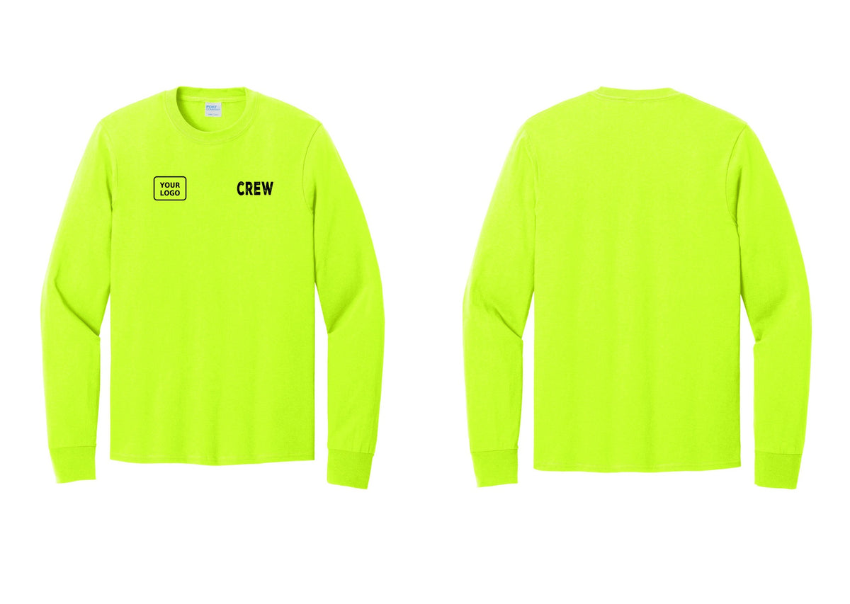 NYC Factory Custom Work Crew Uniform Cotton Long Sleeve Tee with Your Logo (Rustic) - CREW + Your Logo - Safety Green