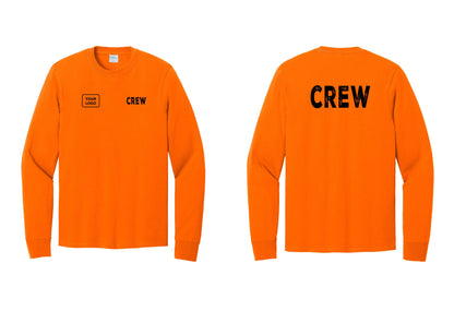 NYC Factory Custom Work Crew Uniform Cotton Long Sleeve Tee with Your Logo (Rustic) - CREW + Your Logo + Back - Safety Orange