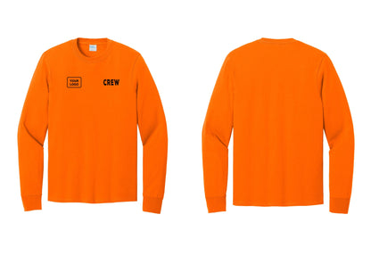 NYC Factory Custom Work Crew Uniform Cotton Long Sleeve Tee with Your Logo (Rustic) - CREW + Your Logo - Safety Orange