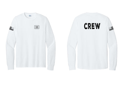 NYC Factory Custom Work Crew Uniform Cotton Long Sleeve Tee with Your Logo (Rustic) - Your Logo + Back + US Flag Sleeve - White