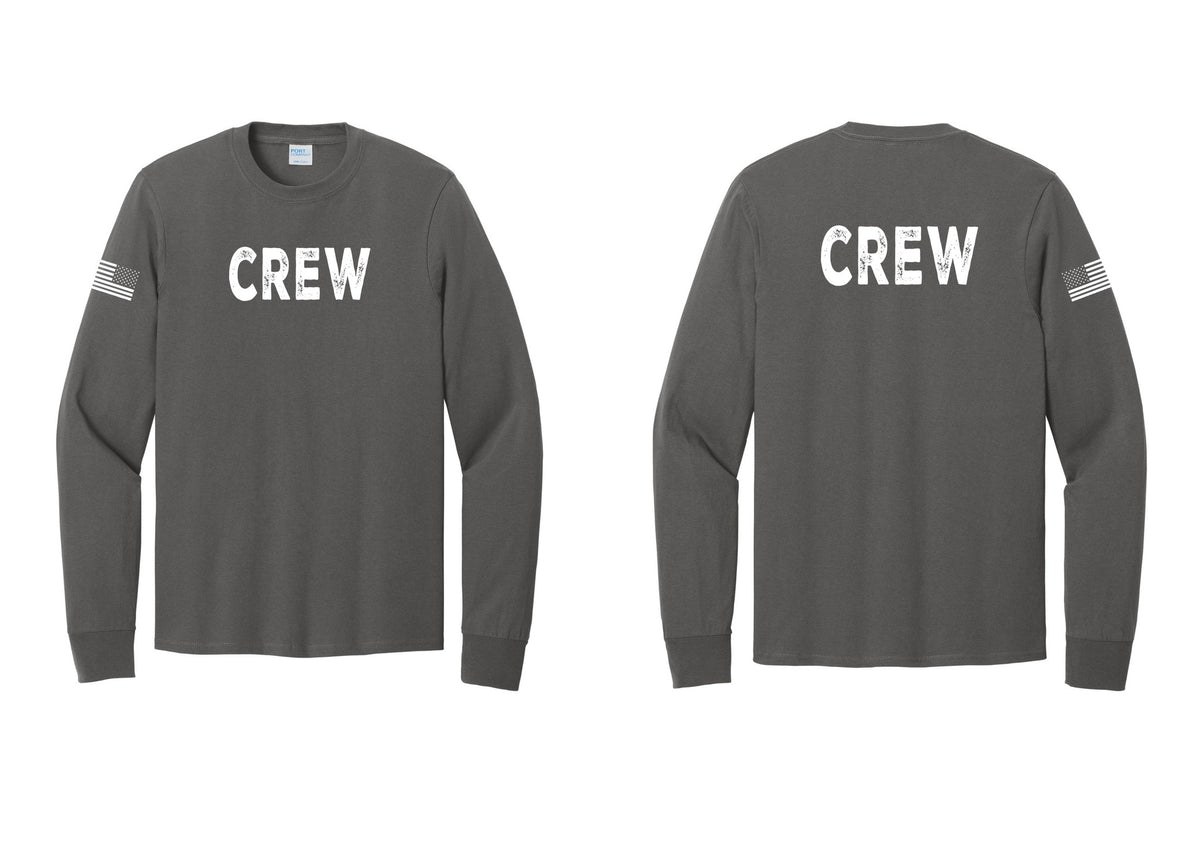 NYC Factory Crew Cotton Long Sleeve T-Shirt for Event Staff & Production Teams (Rustic) - Front + Back + US Flag Sleeve - Charcoal