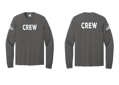 NYC Factory Crew Cotton Long Sleeve T-Shirt for Event Staff & Production Teams (Rustic) - Front + Back + US Flag Sleeve - Charcoal
