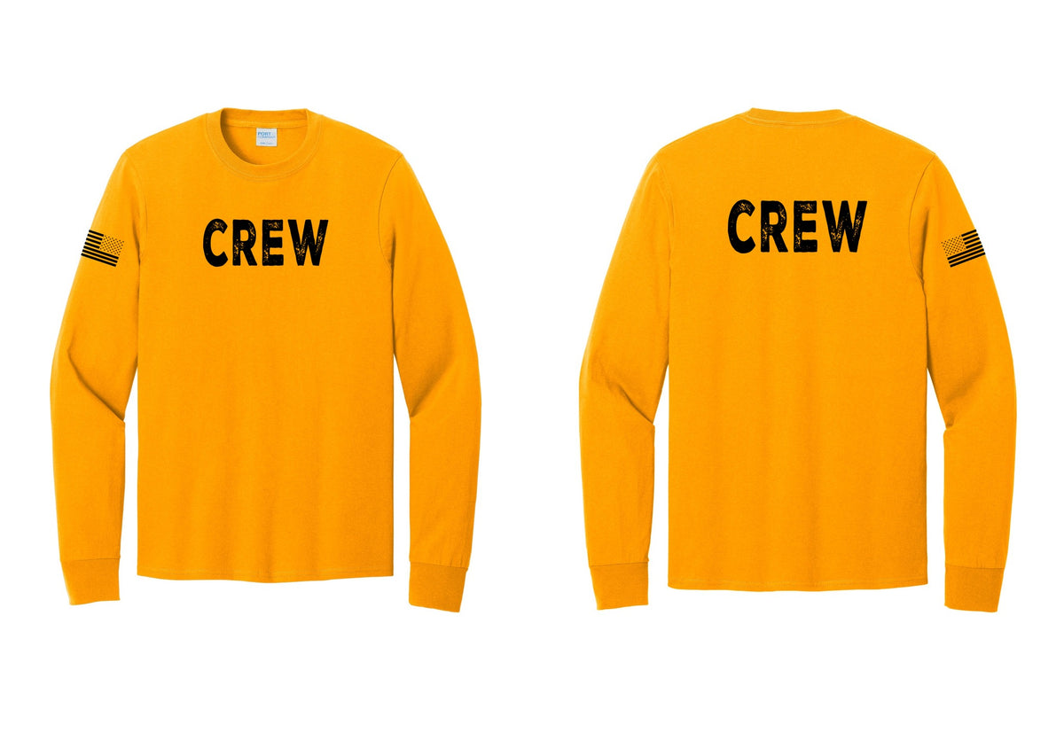 NYC Factory Crew Cotton Long Sleeve T-Shirt for Event Staff & Production Teams (Rustic) - Front + Back + US Flag Sleeve - Gold