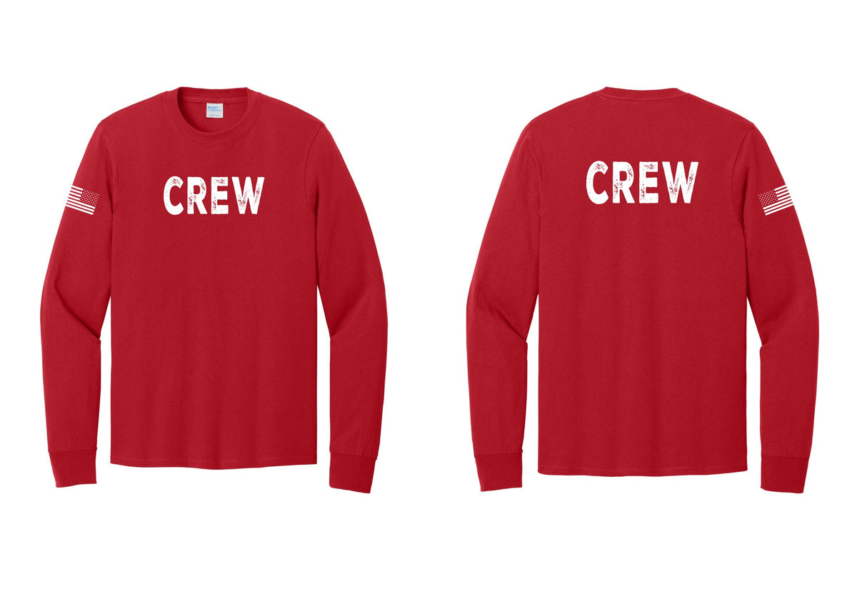 NYC Factory Crew Cotton Long Sleeve T-Shirt for Event Staff & Production Teams (Rustic) - Front + Back + US Flag Sleeve - Red