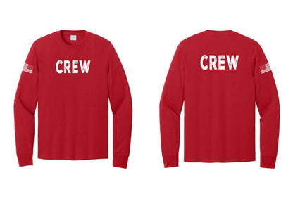 NYC Factory Crew Cotton Long Sleeve T-Shirt for Event Staff & Production Teams (Rustic) - Front + Back + US Flag Sleeve - Red