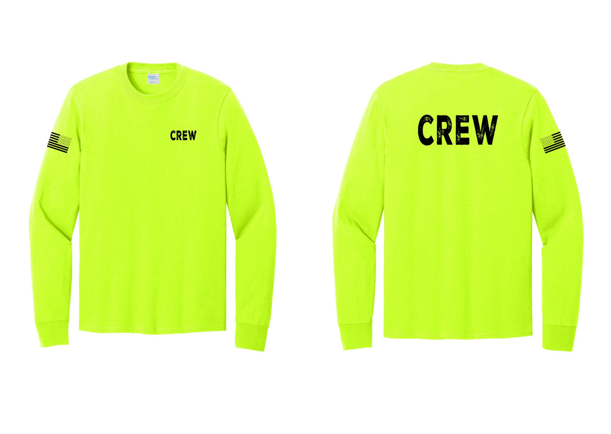 NYC Factory Crew Cotton Long Sleeve T-Shirt for Event Staff & Production Teams (Rustic) - Chest + Back + US Flag Sleeve - Safety Green