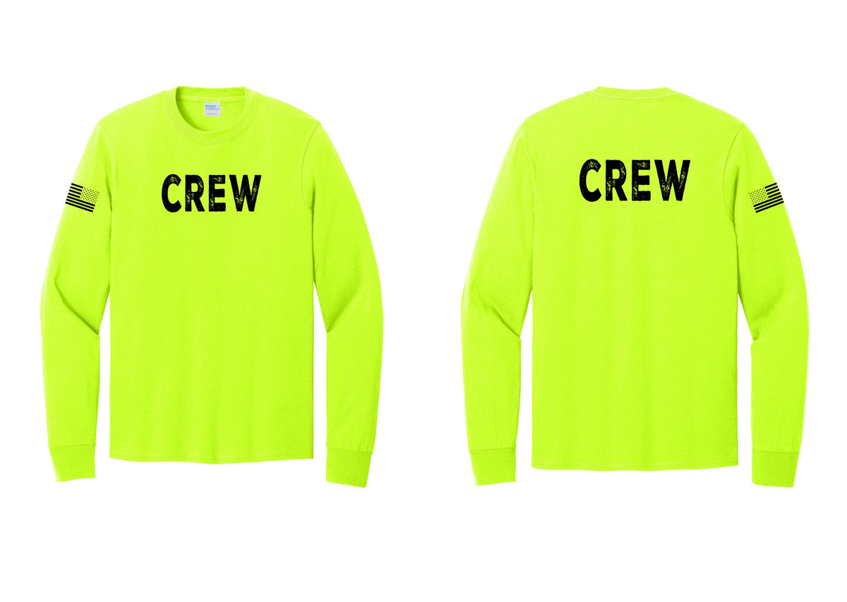 NYC Factory Crew Cotton Long Sleeve T-Shirt for Event Staff & Production Teams (Rustic) - Front + Back + US Flag Sleeve - Safety Green