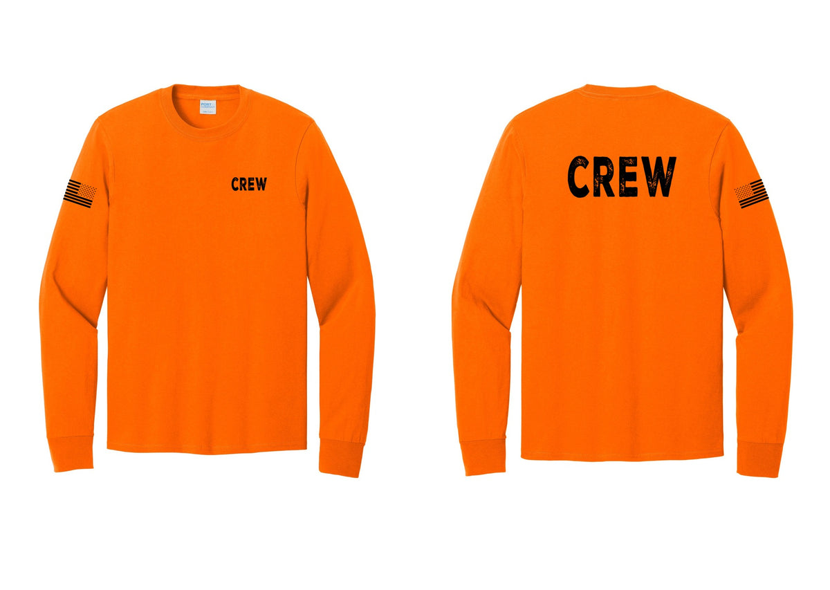 NYC Factory Crew Cotton Long Sleeve T-Shirt for Event Staff & Production Teams (Rustic) - Chest + Back + US Flag Sleeve - Safety Orange