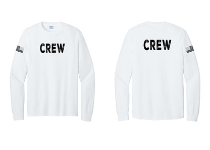 NYC Factory Crew Cotton Long Sleeve T-Shirt for Event Staff & Production Teams (Rustic) - Front + Back + US Flag Sleeve - White