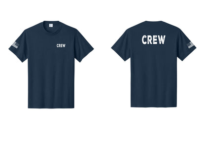 NYC Factory Crew T-Shirt, Rustic Lettering - Chest + Back + US Flag Sleeve - Navy
